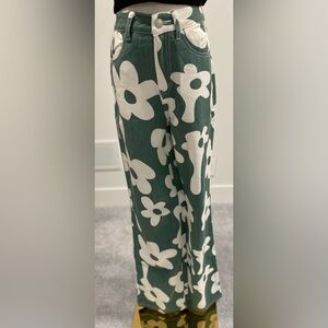 Floral Wide Leg Jeans in Green and White